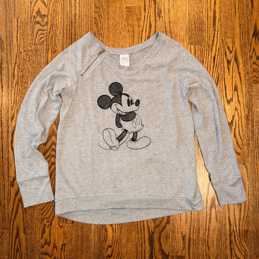 Disney Mickey Mouse Sweatshirt Shoulder Zip Embroidered Top XL‎ Gray